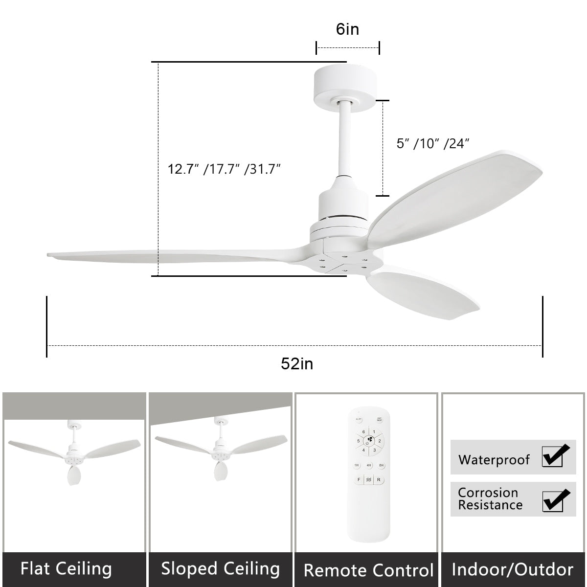 Ventilatore da soffitto moderno da 52 pollici in legno massello/ABS con telecomando (senza luce), 6 velocità, flusso d'aria reversibile.