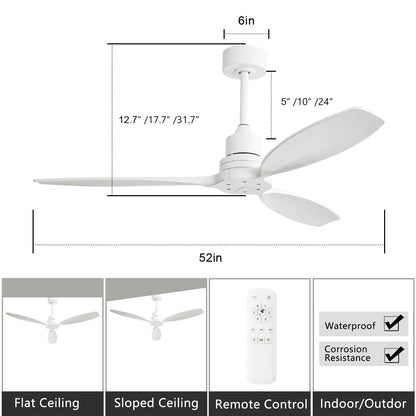 Ventilatore da soffitto moderno da 52 pollici in legno massello/ABS con telecomando (senza luce), 6 velocità, flusso d'aria reversibile.