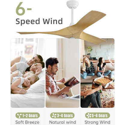Ventilatore da soffitto moderno da 52 pollici in legno massello/ABS con telecomando (senza luce), 6 velocità, flusso d'aria reversibile.