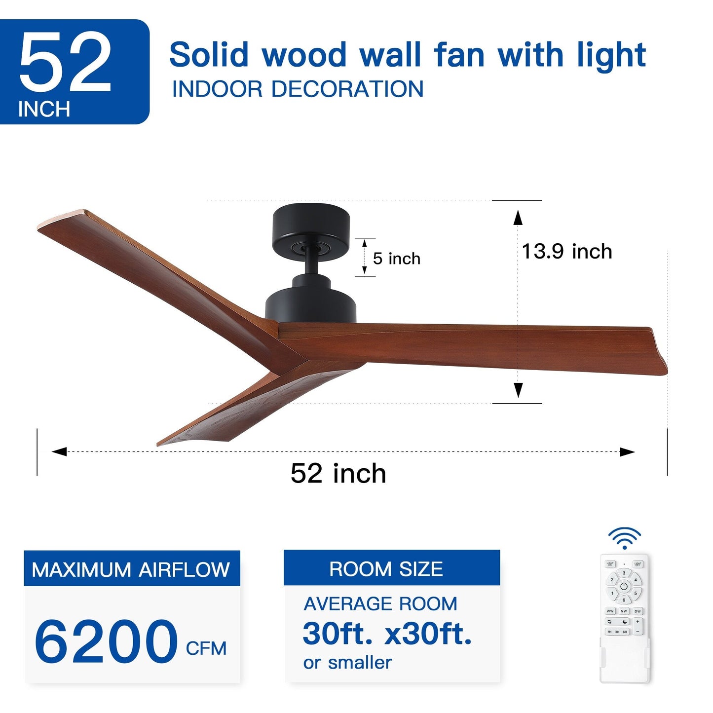 Ventilatore da soffitto moderno da 52 pollici in legno massello/ABS con telecomando (senza luce), 6 velocità, flusso d'aria reversibile.