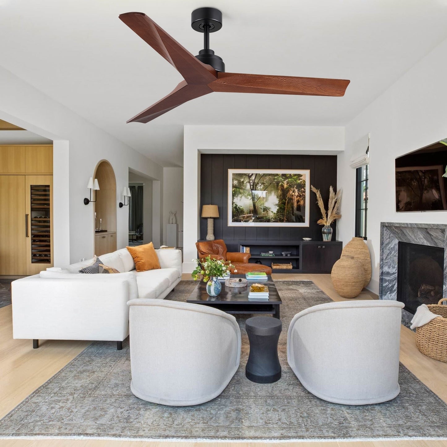 Ventilatore da soffitto moderno da 52 pollici in legno massello/ABS con telecomando (senza luce), 6 velocità, flusso d'aria reversibile.