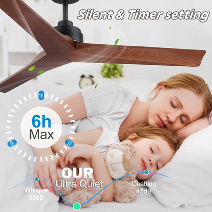 Ventilatore da soffitto moderno da 52 pollici in legno massello/ABS con telecomando (senza luce), 6 velocità, flusso d'aria reversibile.