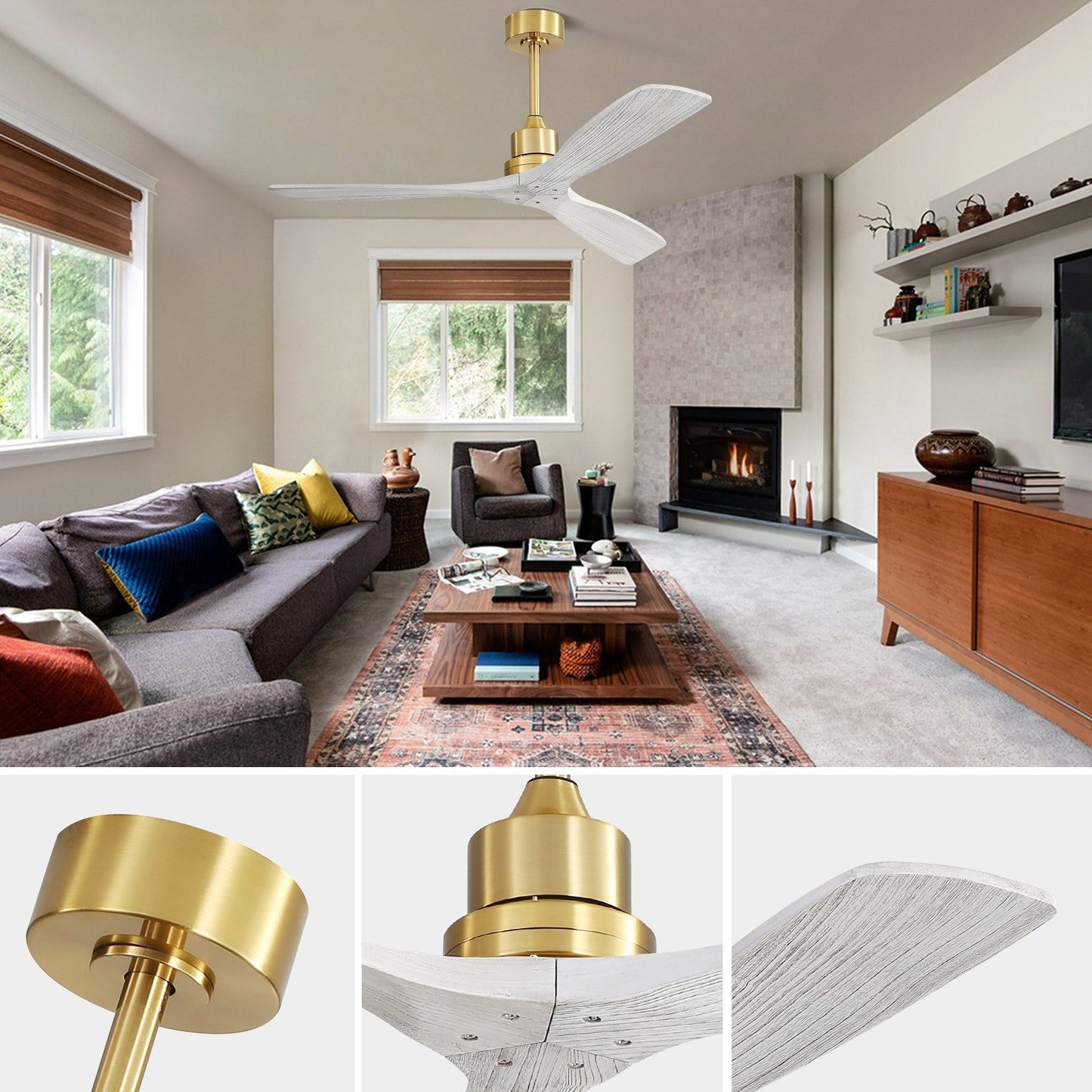 Ventilatore da soffitto moderno da 52 pollici in legno massello/ABS con telecomando (senza luce), 6 velocità, flusso d'aria reversibile.