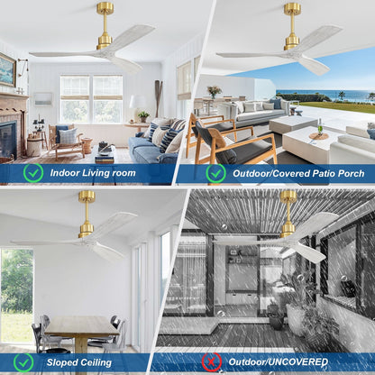 Ventilatore da soffitto moderno da 52 pollici in legno massello/ABS con telecomando (senza luce), 6 velocità, flusso d'aria reversibile.