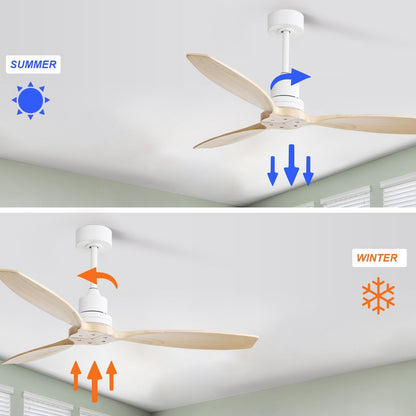 Ventilatore da soffitto moderno da 52 pollici in legno massello/ABS con telecomando (senza luce), 6 velocità, flusso d'aria reversibile.