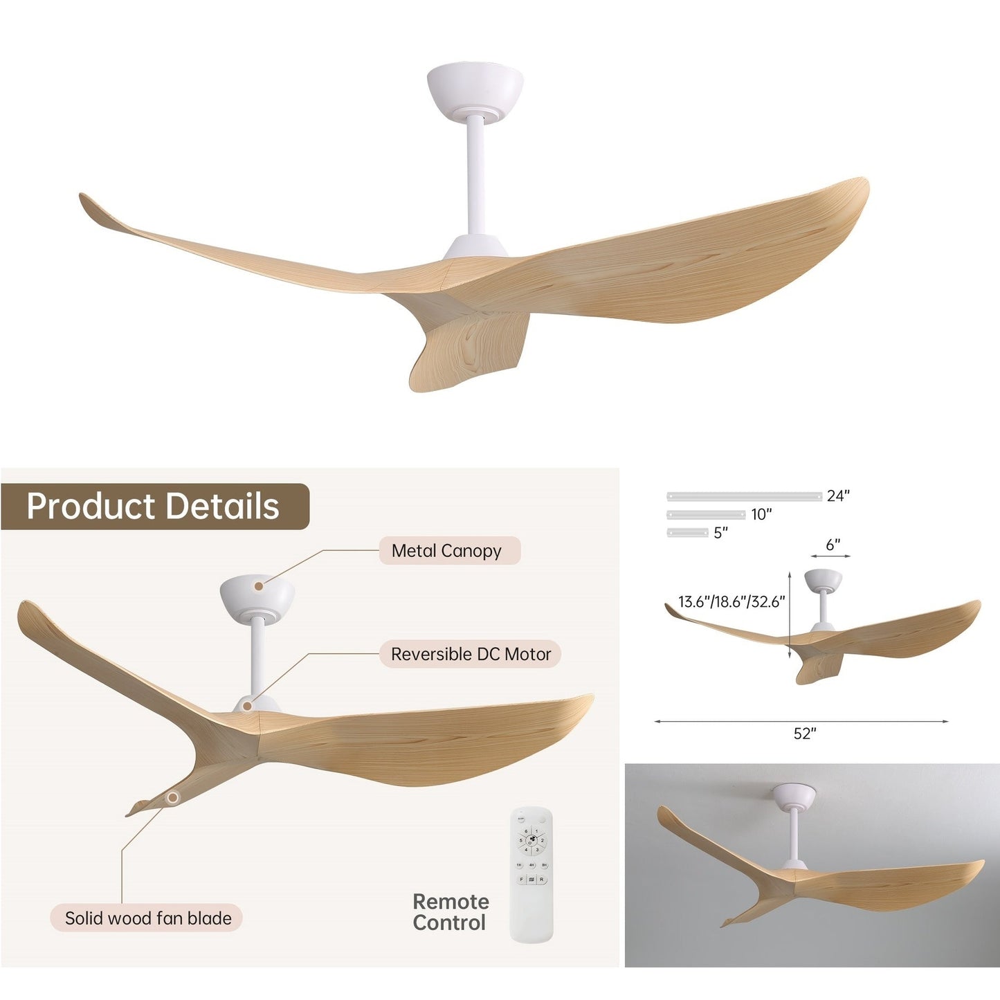 Ventilatore da soffitto moderno da 52 pollici in legno massello/ABS con telecomando (senza luce), 6 velocità, flusso d'aria reversibile.