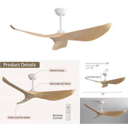 Ventilatore da soffitto moderno da 52 pollici in legno massello/ABS con telecomando (senza luce), 6 velocità, flusso d'aria reversibile.