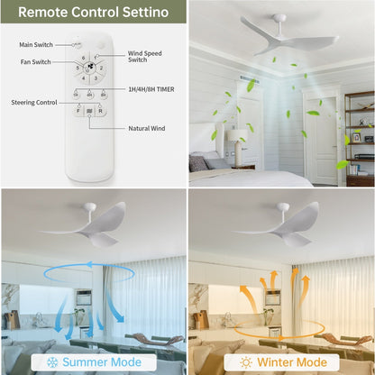 Ventilatore da soffitto moderno da 52 pollici in legno massello/ABS con telecomando (senza luce), 6 velocità, flusso d'aria reversibile.