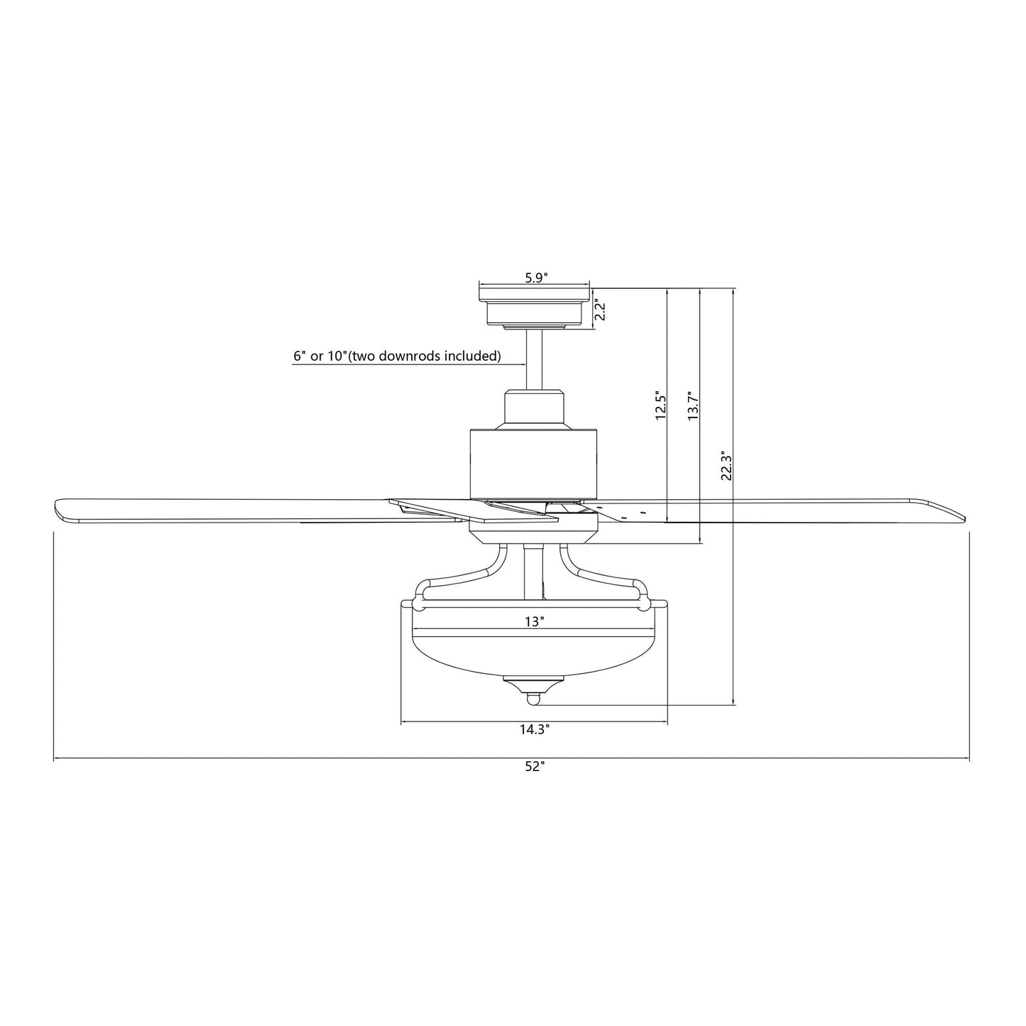 Ventilatore da soffitto con telecomando, diametro 52 pollici, 5 pale in legno reversibili e 3 luci.