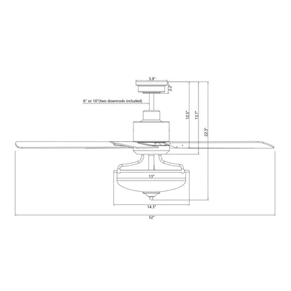 Ventilatore da soffitto con telecomando, diametro 52 pollici, 5 pale in legno reversibili e 3 luci.