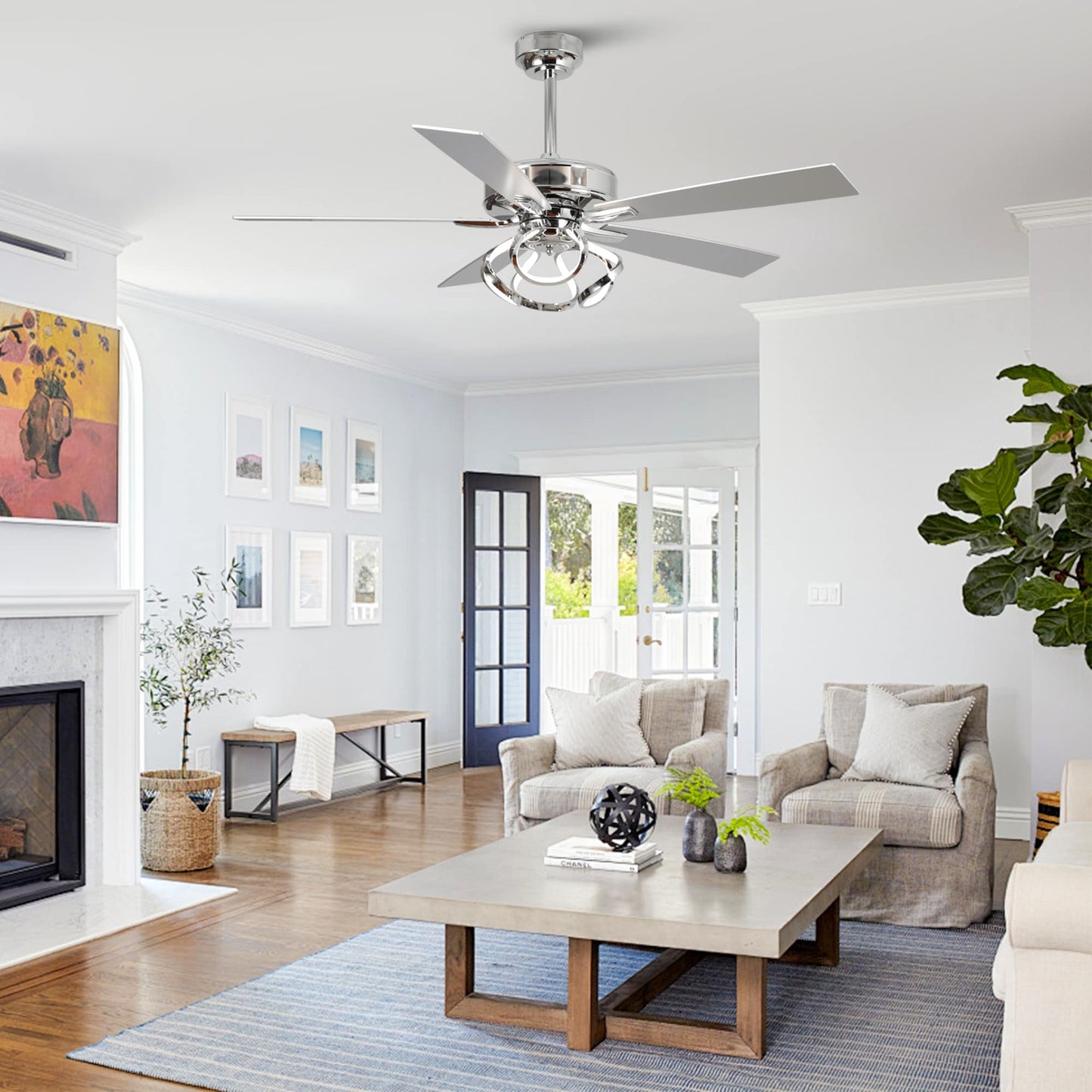 Ventilatore da soffitto a LED dimmerabile da interno da 52 pollici, cromato/nero, con luce e telecomando.