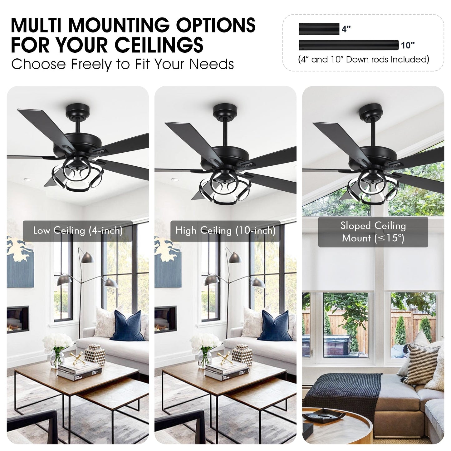 Ventilatore da soffitto a LED dimmerabile da interno da 52 pollici, cromato/nero, con luce e telecomando.