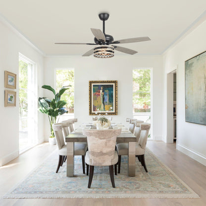 Ventilatore da soffitto a 5 pale con gabbia nera, stile farmhouse, in legno di deriva, diametro 52 pollici, con telecomando.