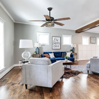 Ventilatore da soffitto a 5 pale con gabbia nera, stile farmhouse, in legno di deriva, diametro 52 pollici, con telecomando.