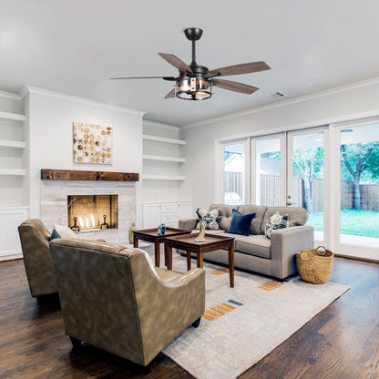 Ventilatore da soffitto da interno a 5 pale in legno nero rustico da 52 pollici con telecomando