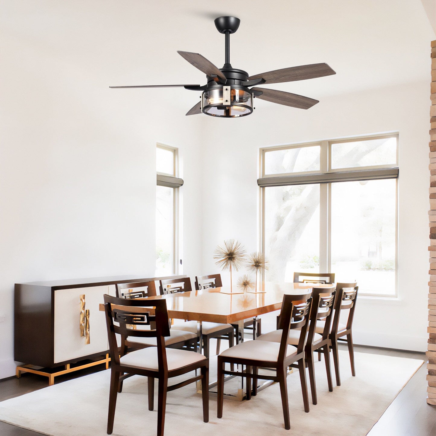 Ventilatore da soffitto da interno a 5 pale in legno nero rustico da 52 pollici con telecomando