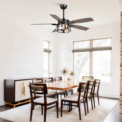 Ventilatore da soffitto da interno a 5 pale in legno nero rustico da 52 pollici con telecomando