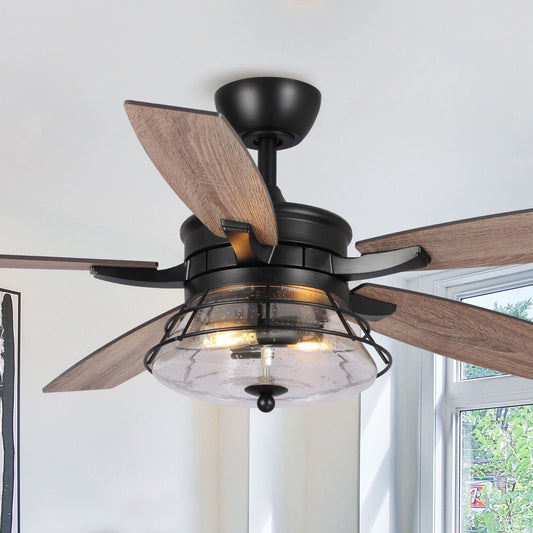 Ventilatore da soffitto decorativo nero con vetro semitrasparente da 52 pollici, con telecomando e kit luci.