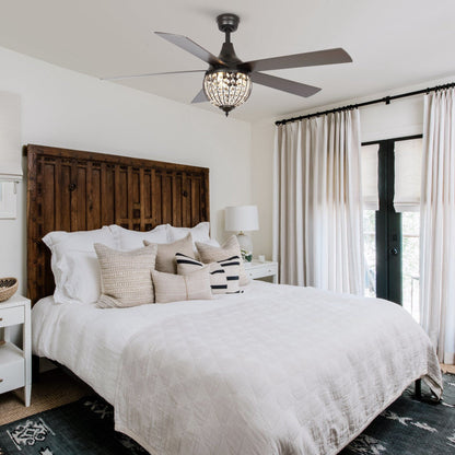 Ventilatore da soffitto industriale a 5 pale in legno nero con cristalli e telecomando (52 pollici)