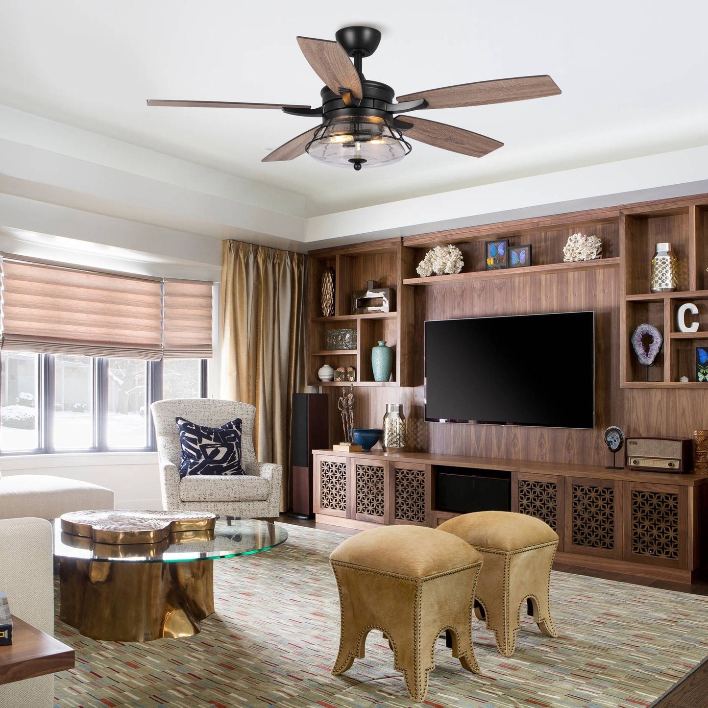 Ventilatore da soffitto decorativo nero con vetro semitrasparente da 52 pollici, con telecomando e kit luci.