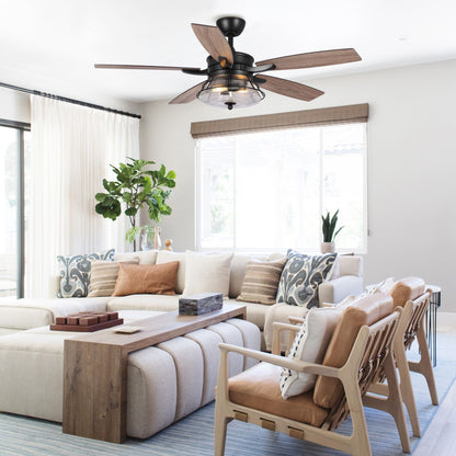 Ventilatore da soffitto decorativo nero con vetro semitrasparente da 52 pollici, con telecomando e kit luci.