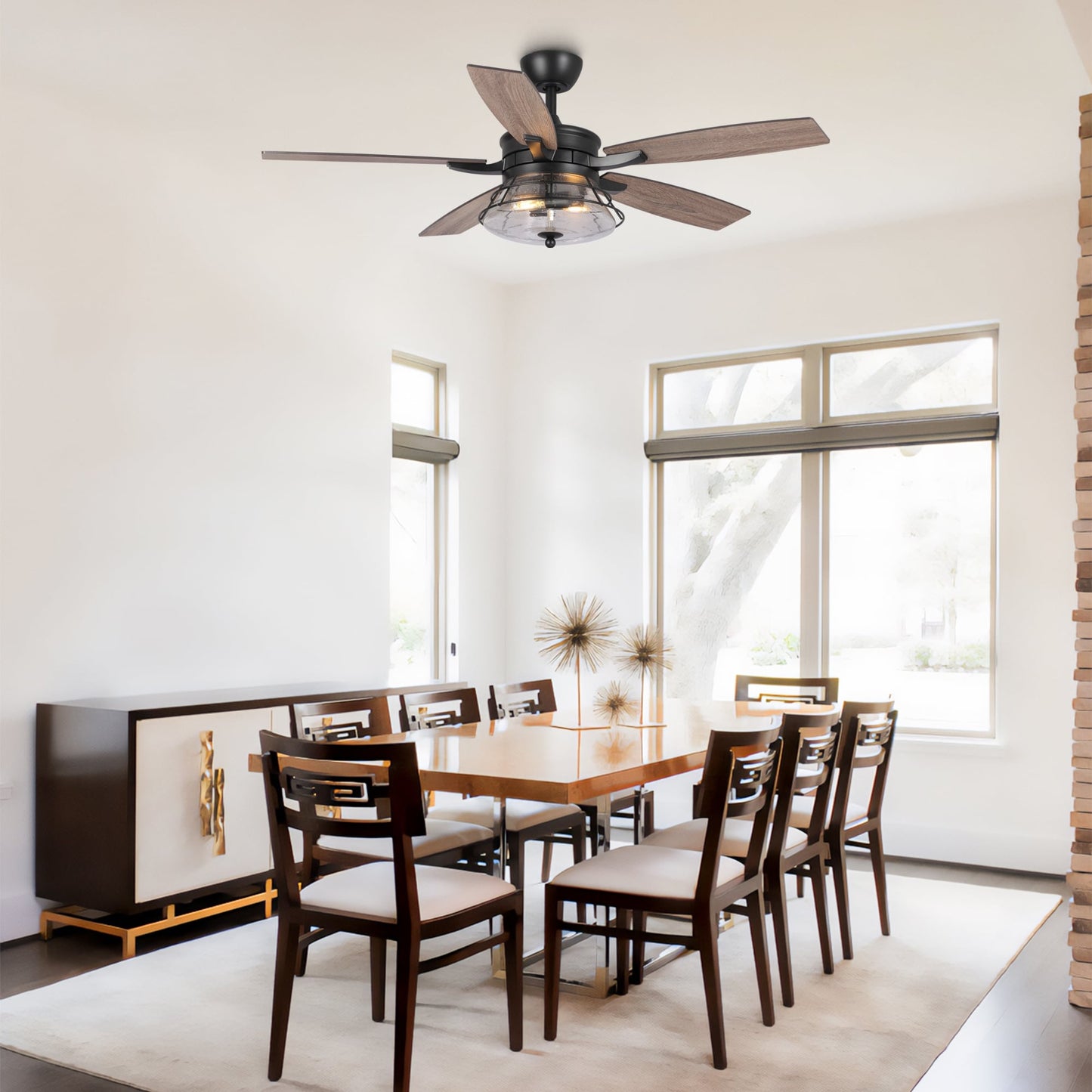 Ventilatore da soffitto decorativo nero con vetro semitrasparente da 52 pollici, con telecomando e kit luci.