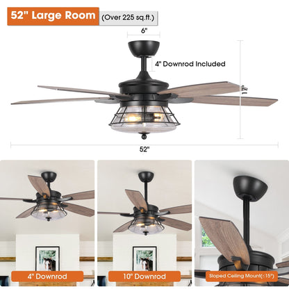 Ventilatore da soffitto decorativo nero con vetro semitrasparente da 52 pollici, con telecomando e kit luci.