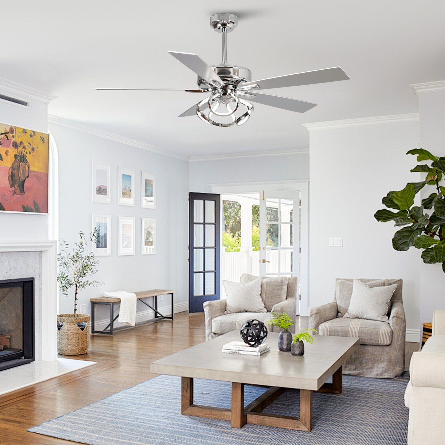 Ventilatore da soffitto a LED dimmerabile da interno da 52 pollici, cromato/nero, con luce e telecomando.