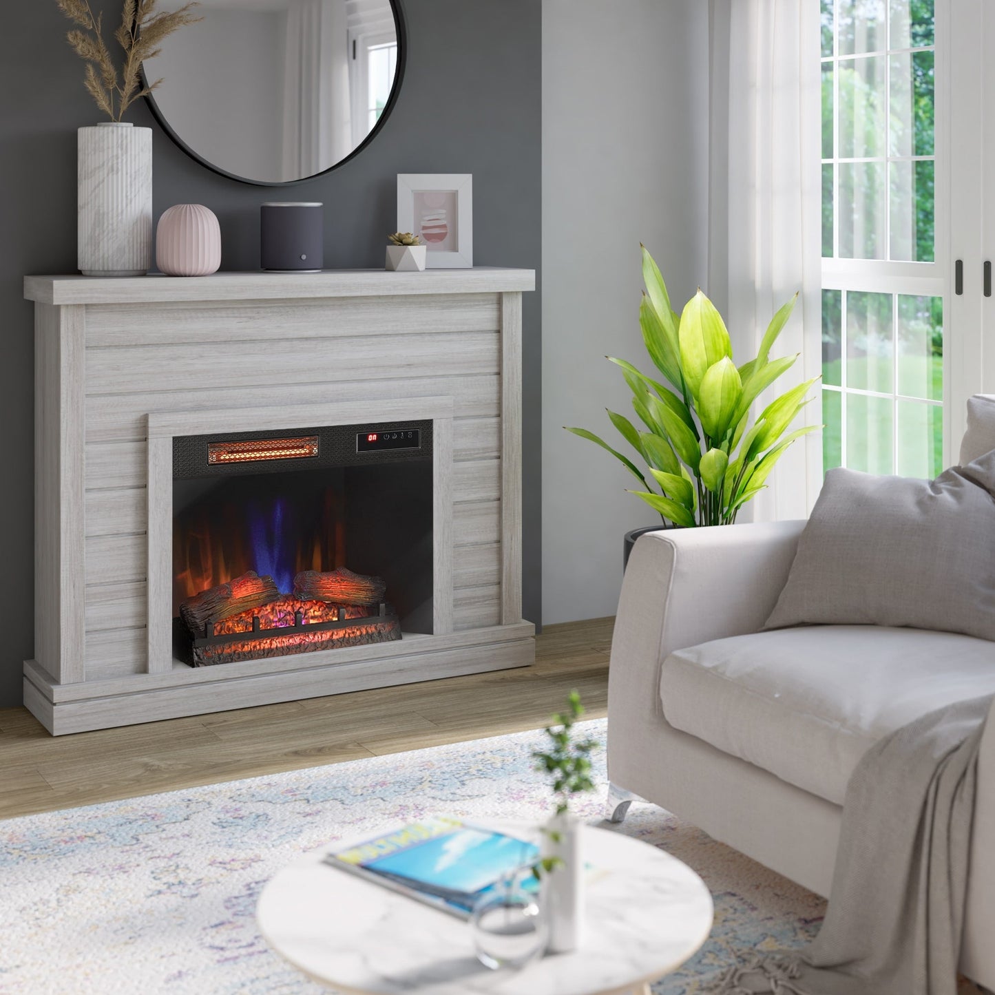 Mantello da parete in lambris con inserto per camino 3D da 52 pollici