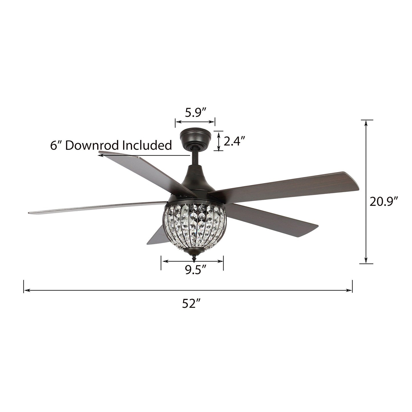 Ventilatore da soffitto industriale a 5 pale in legno nero con cristalli e telecomando (52 pollici)