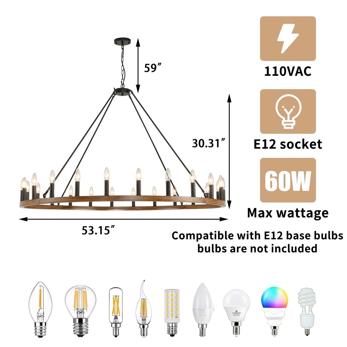 Lampadario a ruota di carro rotonda da 54 pollici con 24 luci