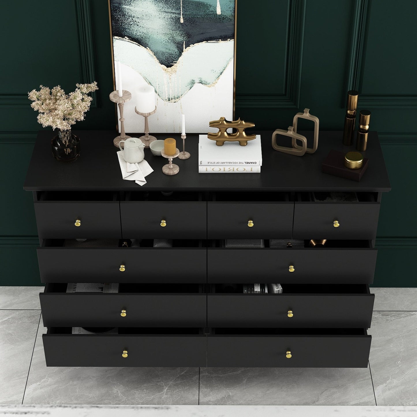 Comò da camera da letto doppia larga 55,1 pollici con cassetti portaoggetti