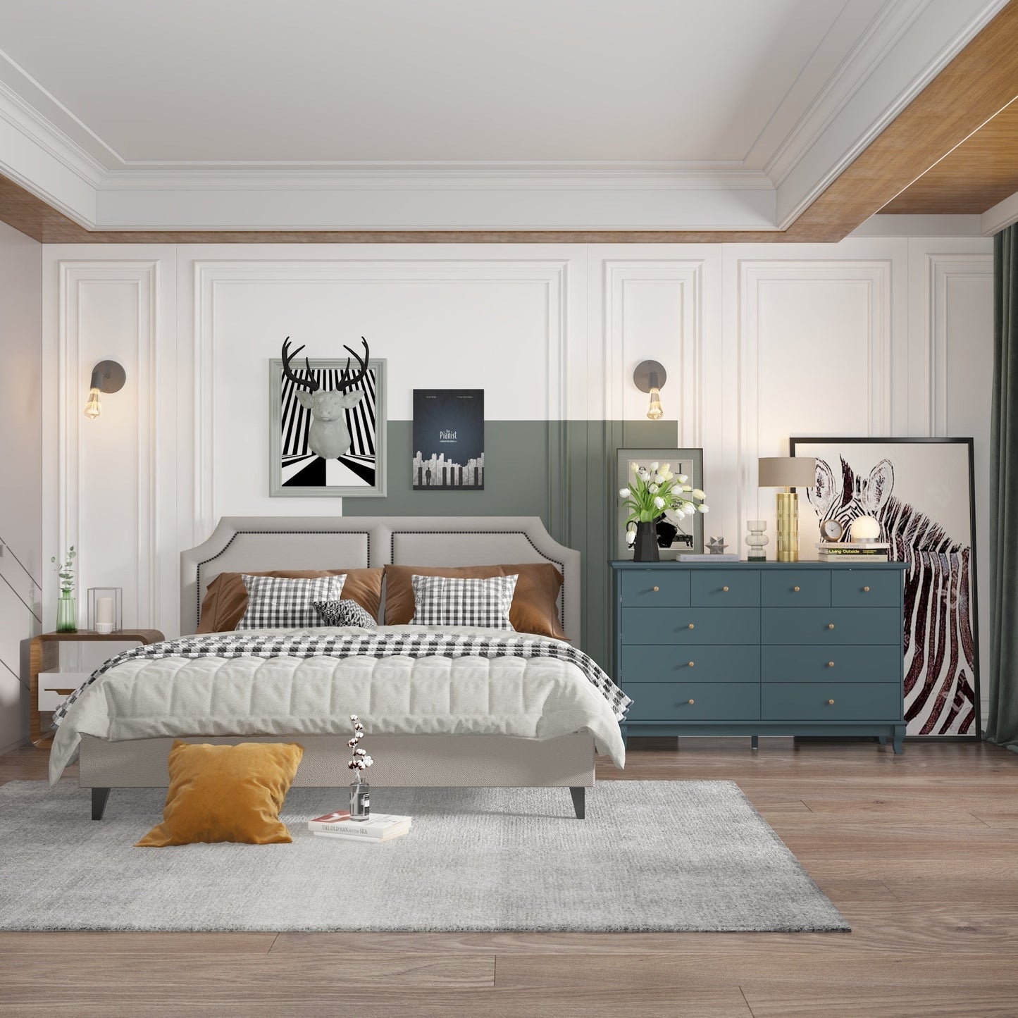 Comò da camera da letto doppia larga 55,1 pollici con cassetti portaoggetti