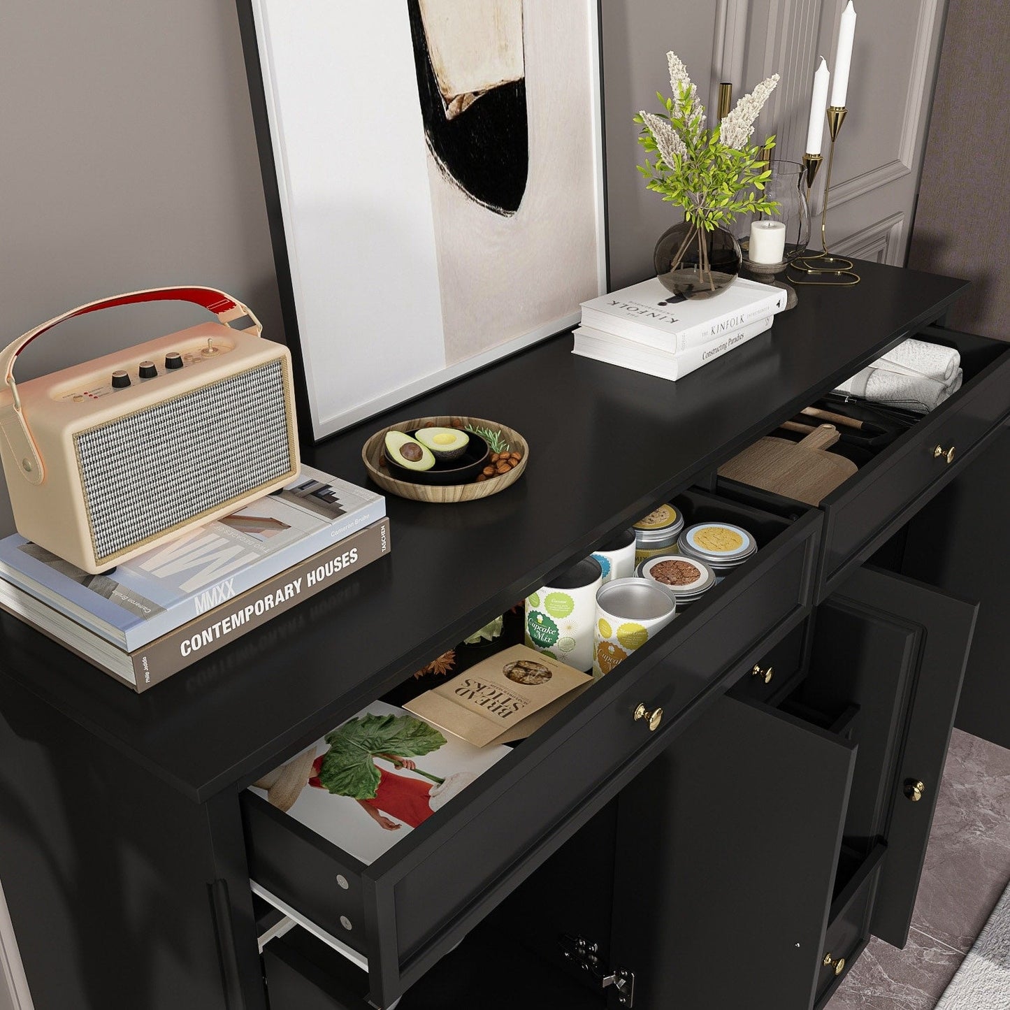 Buffet con ripiani 59.1'' bianco, stile Mid-Century Modern, contemporaneo, laccato