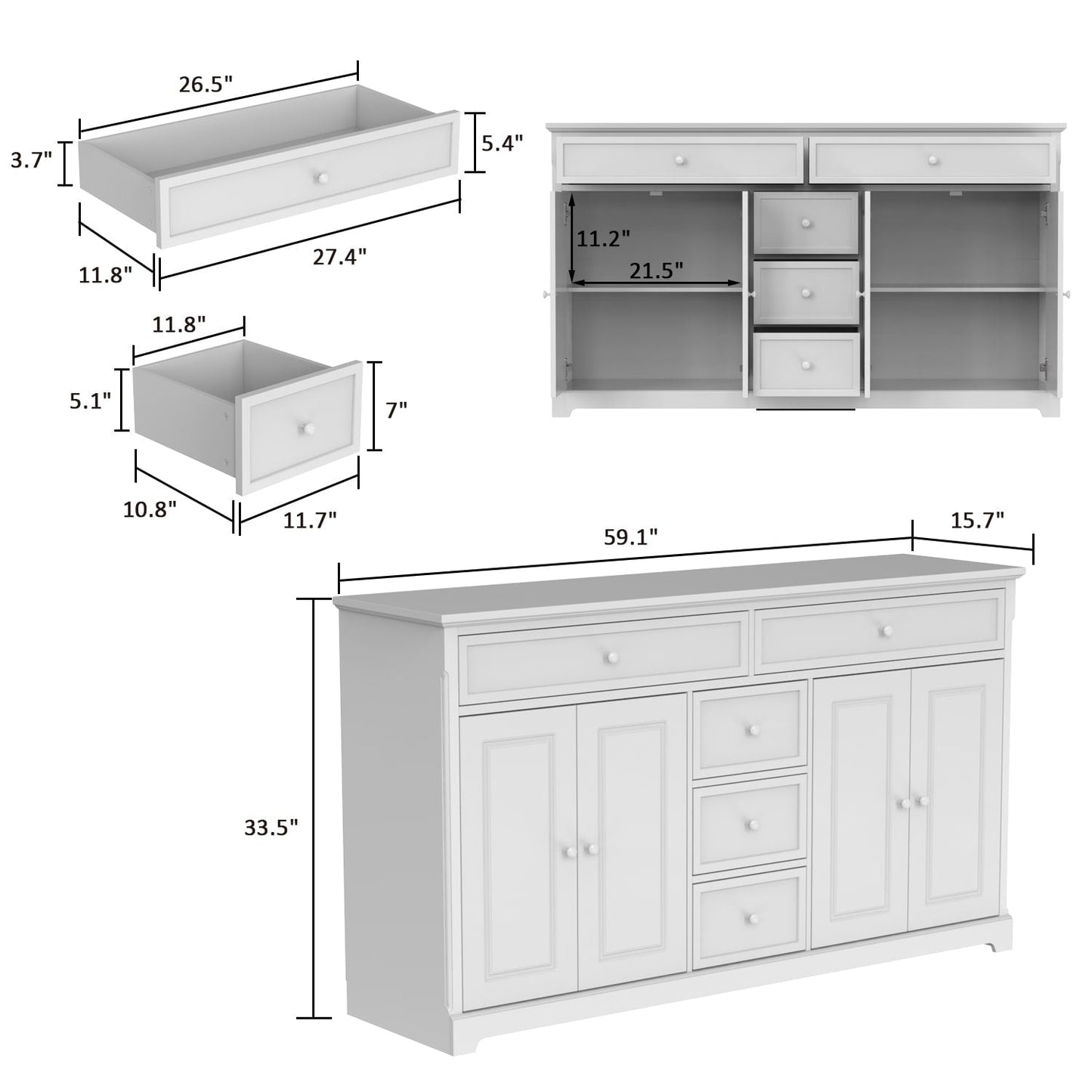 Buffet con ripiani 59.1'' bianco, stile Mid-Century Modern, contemporaneo, laccato