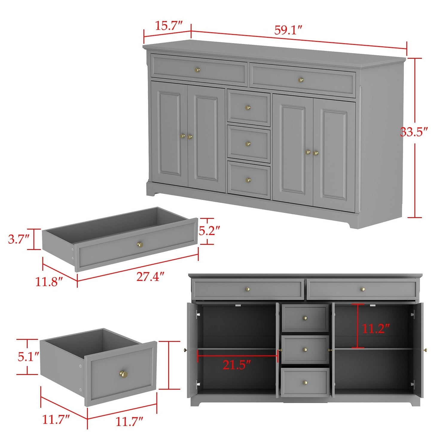 Buffet con ripiani 59.1'' bianco, stile Mid-Century Modern, contemporaneo, laccato