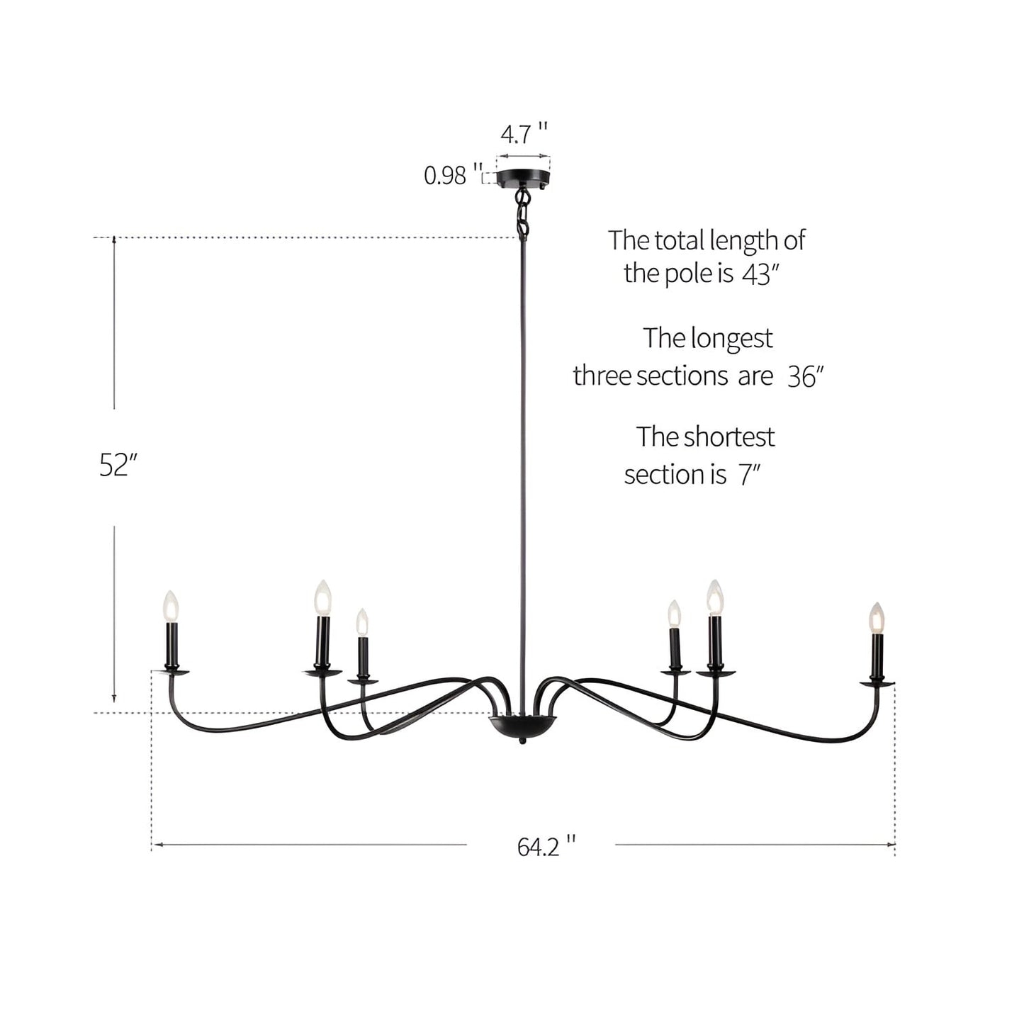 Lampadario minimalista a 6 luci da 64 pollici in nero opaco/oro/cromo - N/A