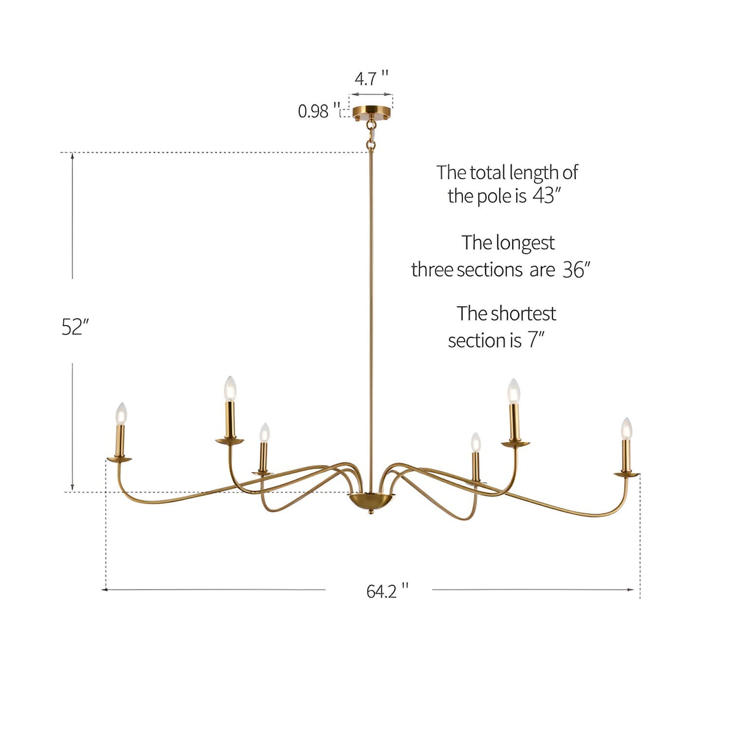 Lampadario minimalista a 6 luci da 64 pollici in nero opaco/oro/cromo - N/A