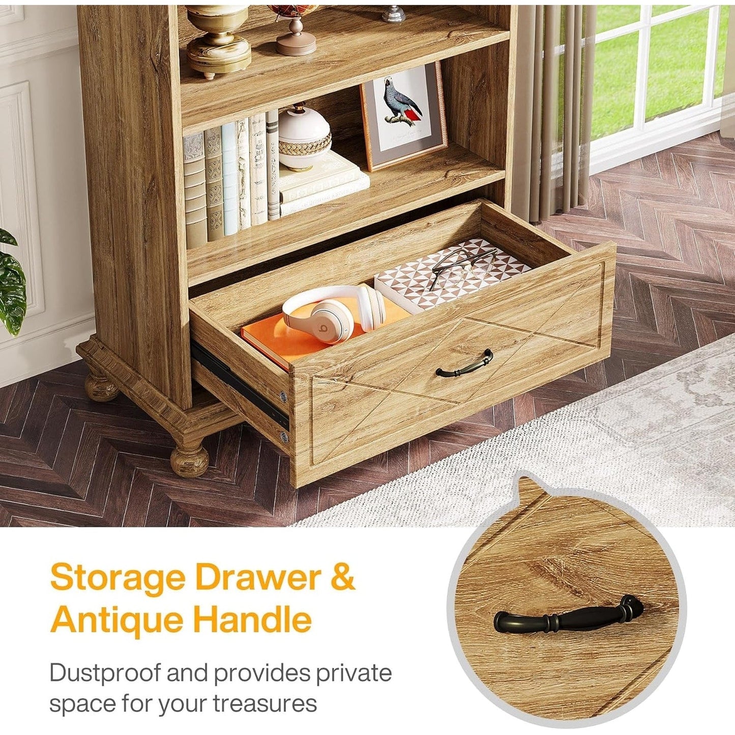 Scaffale portaoggetti con 6 ripiani e cassetto, 71 cm, per soggiorno.