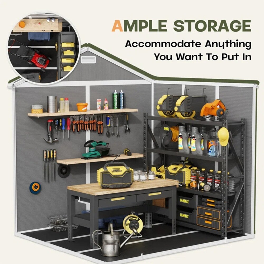 Ripostiglio da esterno in resina resistente alle intemperie, con pavimento, a forma di guglia, disponibile nelle dimensioni: 6 ft x 4 ft/6 ft x 8 ft/8 ft x 6 ft/8 ft x 10 ft.