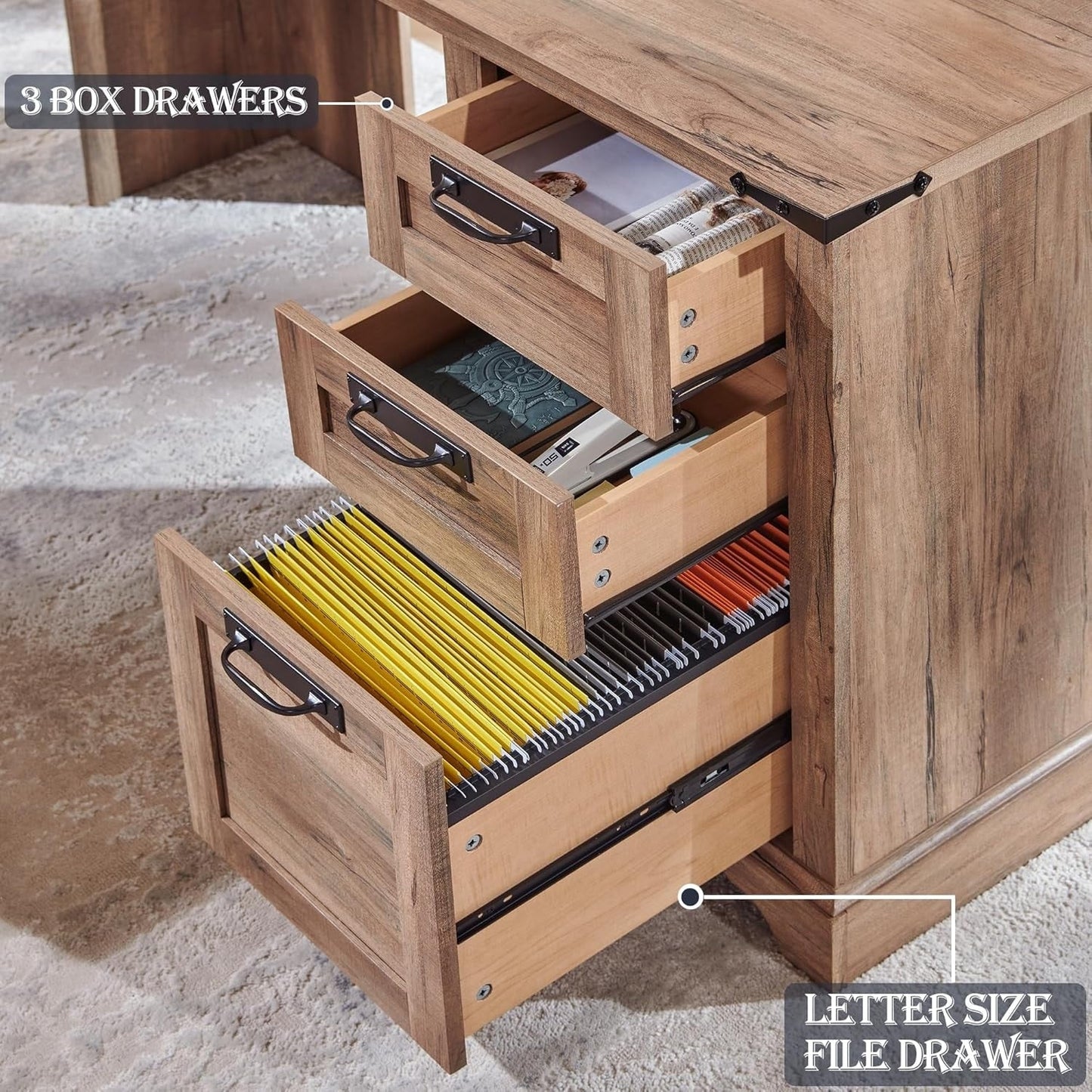 Scrivania da ufficio a forma di L in stile farmhouse, scrivania d'angolo in legno, scrivania per computer