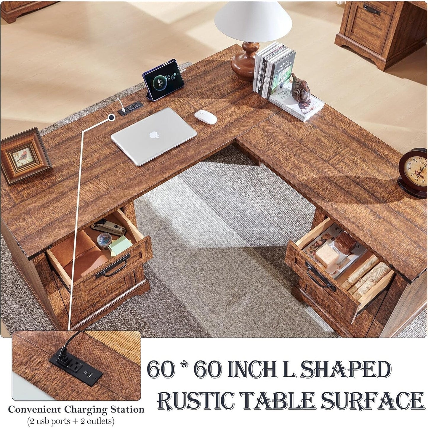 Scrivania da ufficio a forma di L in stile farmhouse, scrivania d'angolo in legno, scrivania per computer