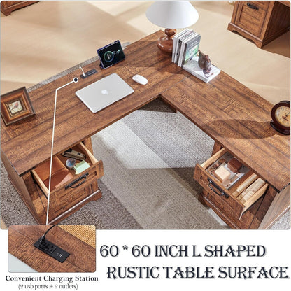 Scrivania da ufficio a forma di L in stile farmhouse, scrivania d'angolo in legno, scrivania per computer