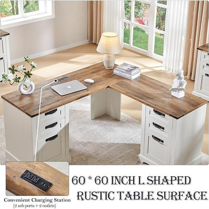 Scrivania da ufficio a forma di L in stile farmhouse, scrivania d'angolo in legno, scrivania per computer