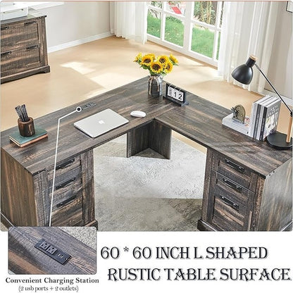 Scrivania da ufficio a forma di L in stile farmhouse, scrivania d'angolo in legno, scrivania per computer