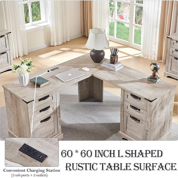 Scrivania da ufficio a forma di L in stile farmhouse, scrivania d'angolo in legno, scrivania per computer