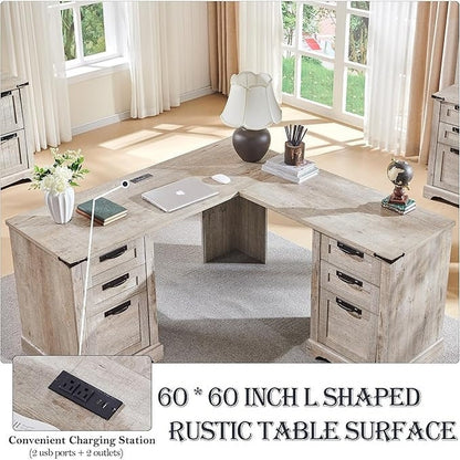 Scrivania da ufficio a forma di L in stile farmhouse, scrivania d'angolo in legno, scrivania per computer
