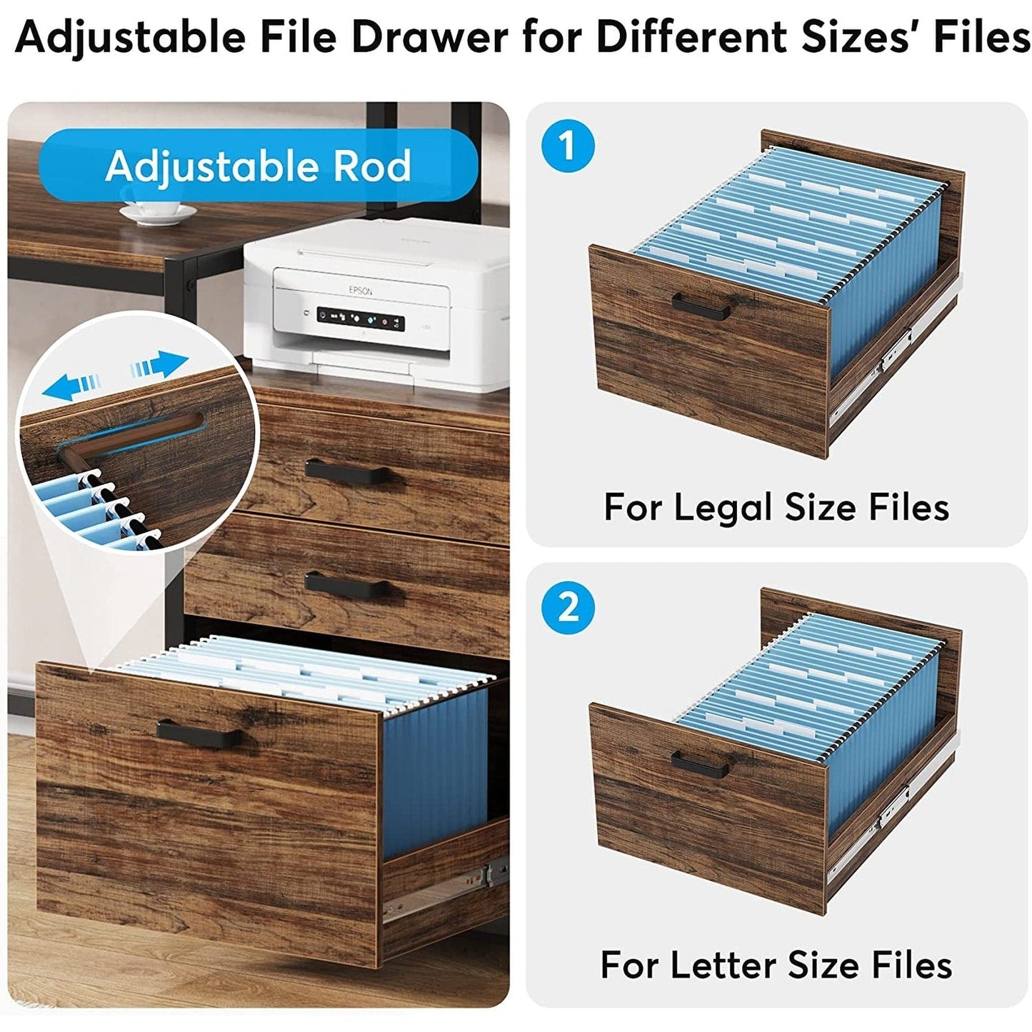 Scrivania per computer da 63 pollici con supporto per monitor, scrivania ergonomica per ufficio a casa con cassetti e mobile porta documenti.