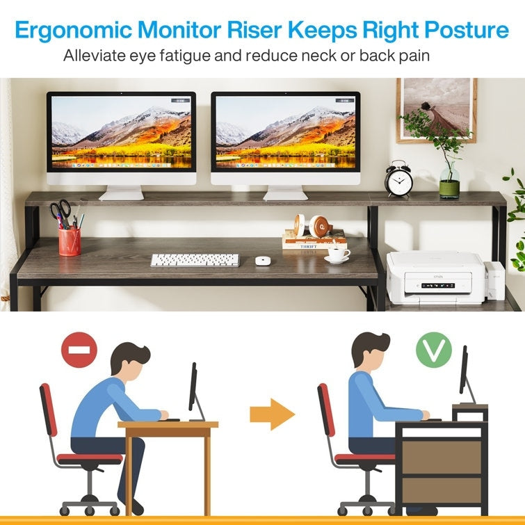 Scrivania per computer da 63 pollici con supporto per monitor, scrivania ergonomica per ufficio a casa con cassetti e mobile porta documenti.