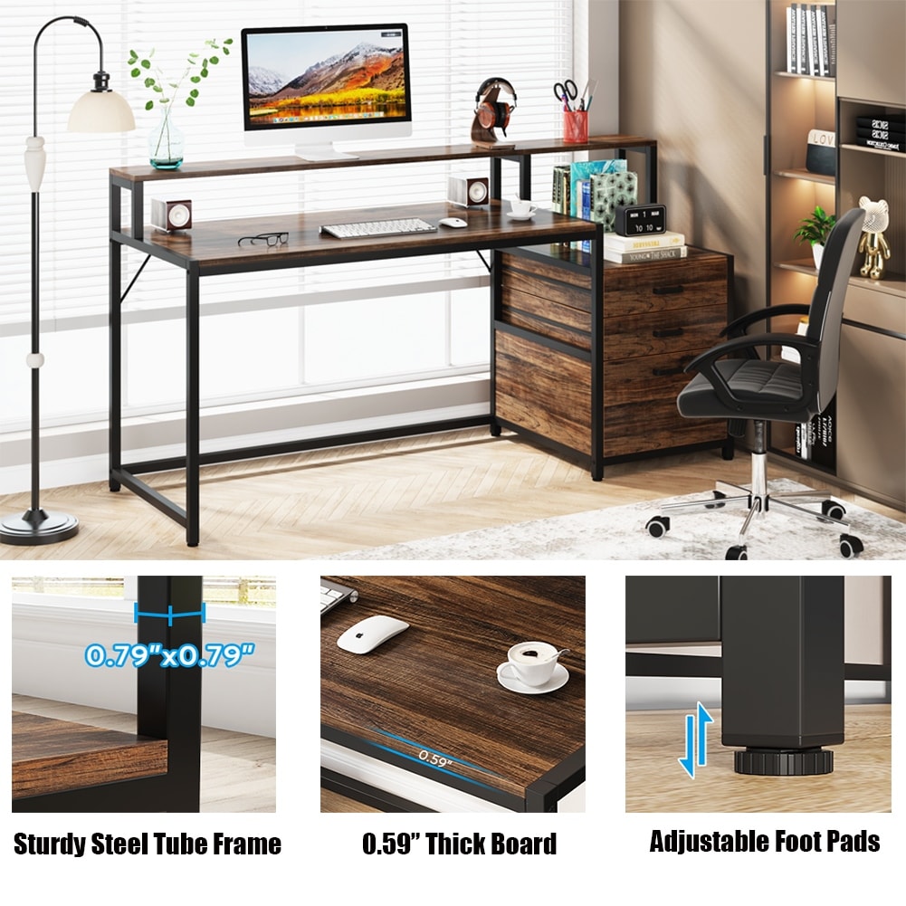 Scrivania per computer da 63 pollici con supporto per monitor, scrivania ergonomica per ufficio a casa con cassetti e mobile porta documenti.